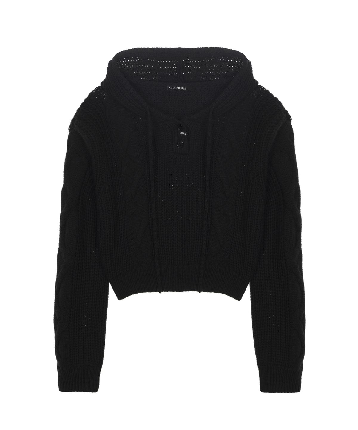닉앤니콜(NICK&NICOLE) COZY BUTTON CABLE HOODIE KNIT_BLACK