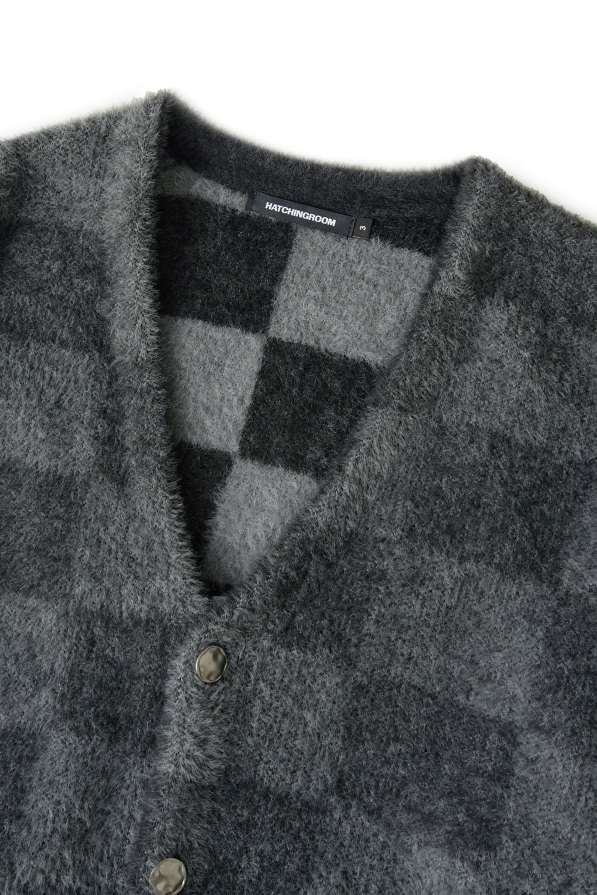 해칭룸(HATCHINGROOM) Hairy Cardigan Checkerboard Charcoal/Grey