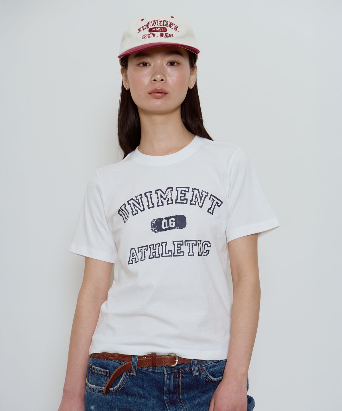 유니버스 가먼트(UNIVERSE GARMENT) UG 크랙 슬림 우먼티셔츠_WHITE