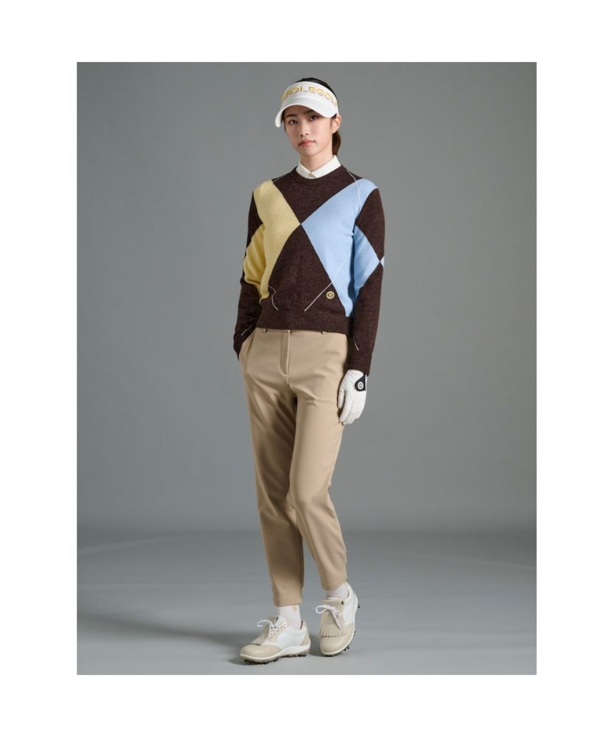 빈폴골프(BEANPOLE GOLF) 여성 아가일 라운드넥 풀오버  옐로이시 브라운