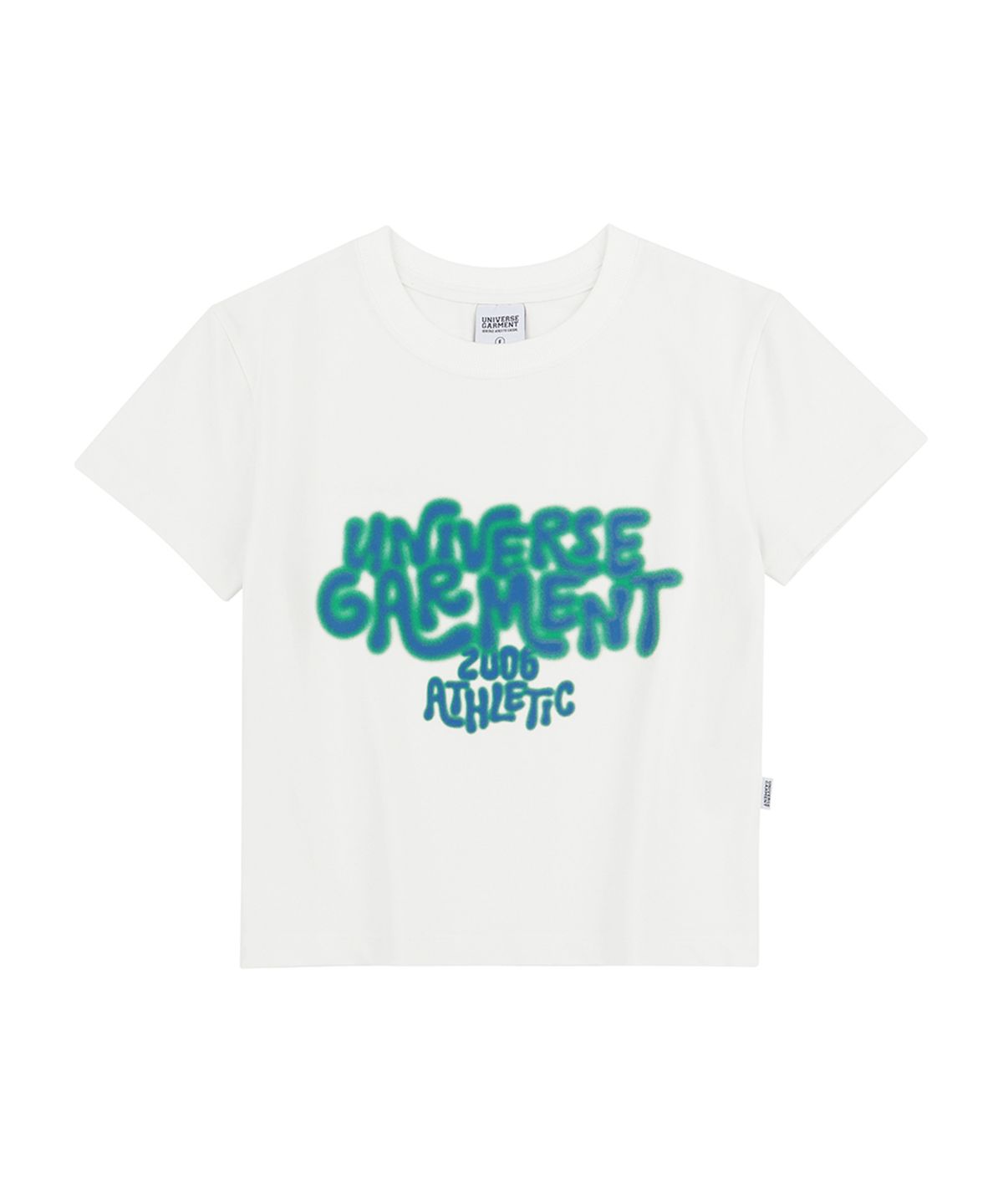 유니버스 가먼트(UNIVERSE GARMENT) UG 네온 블러 슬림 크롭 우먼티셔츠_White