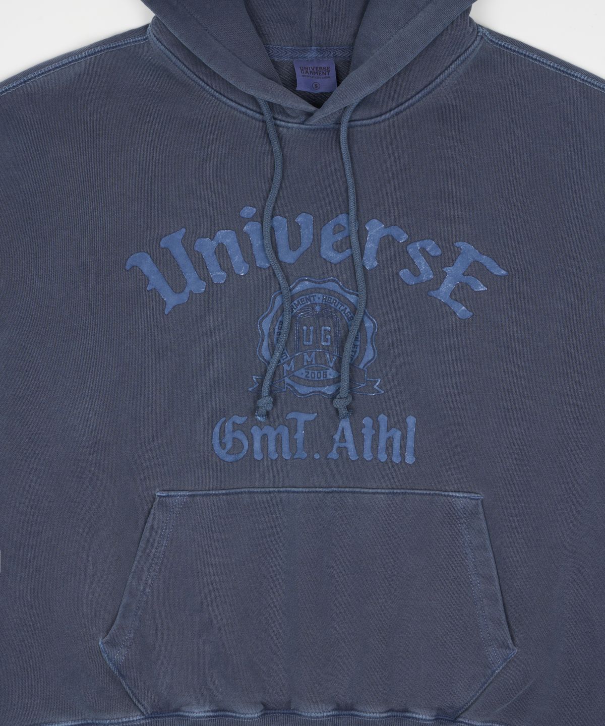 유니버스 가먼트(UNIVERSE GARMENT) 피그먼트 다잉 로고 후드_Navy