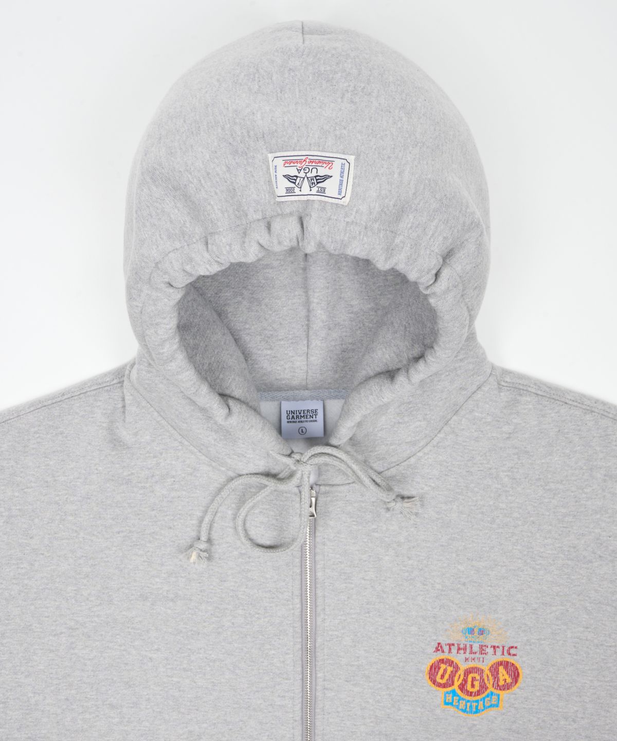 유니버스 가먼트(UNIVERSE GARMENT) 애슬래틱 엠블럼 기모 후드 집업_Melange Grey