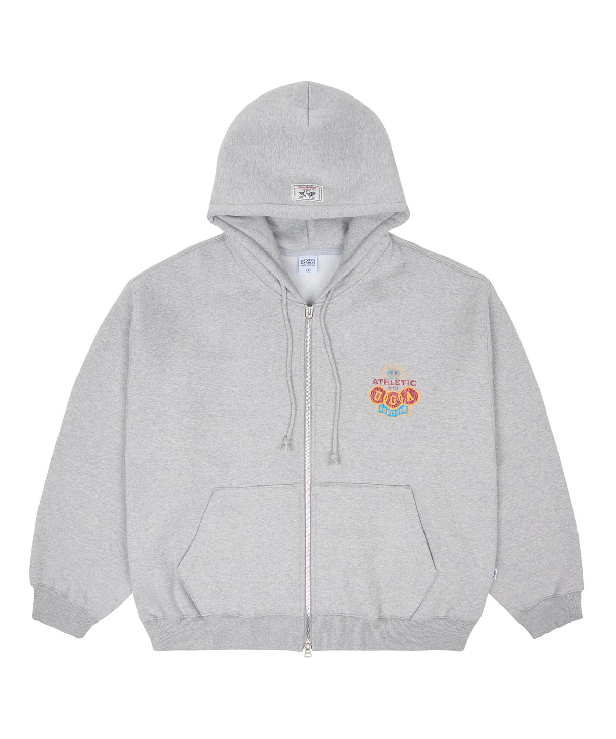 유니버스 가먼트(UNIVERSE GARMENT) 애슬래틱 엠블럼 기모 후드 집업_Melange Grey