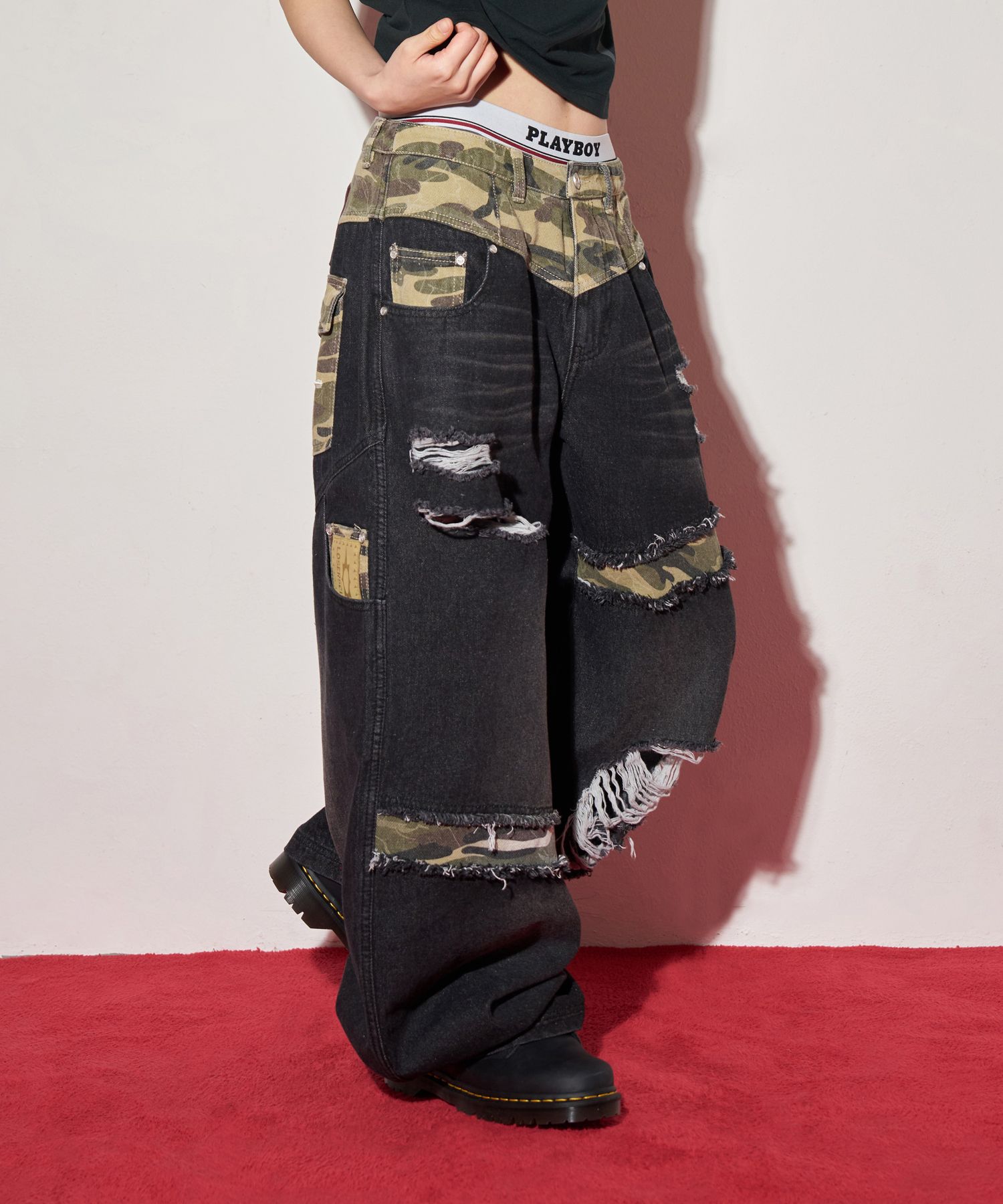 MUSINSA公式 | LOSERS CLUB カモミックスダメージワイドデニムパンツ