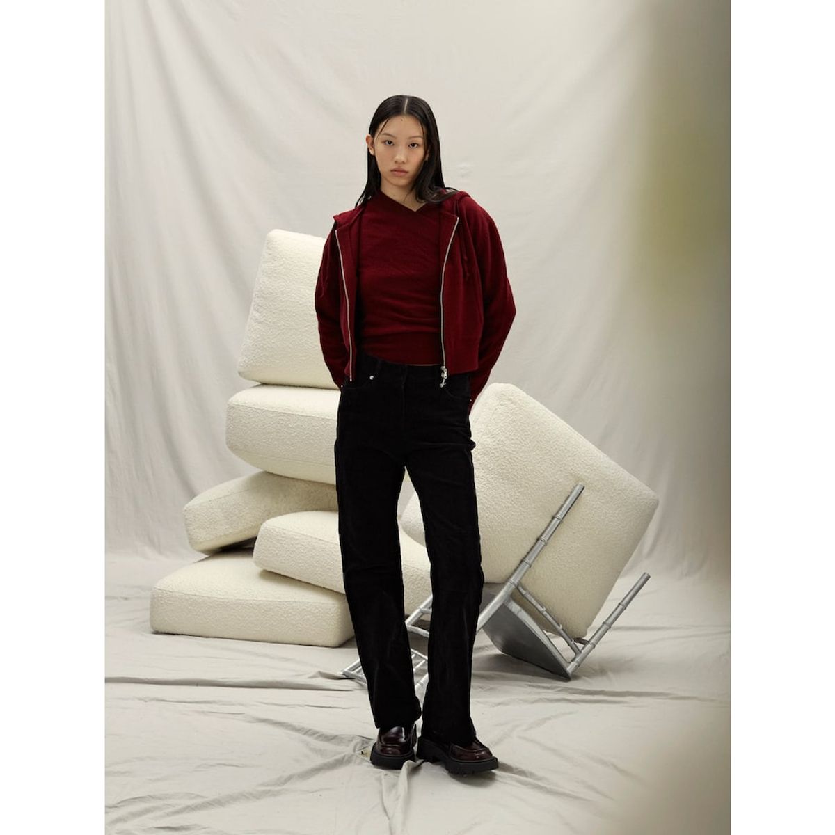 앙개(ANGGAE) Eyelet Knit Hood Zip Up  Magenta