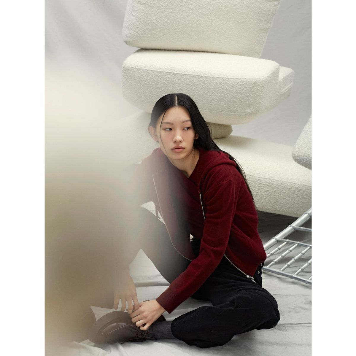 앙개(ANGGAE) Eyelet Knit Hood Zip Up  Magenta