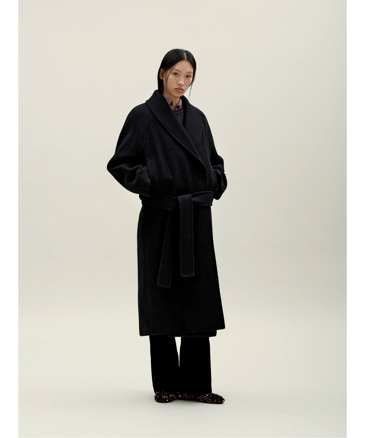 앙개(ANGGAE) Shawl Collar Long Coat  Black