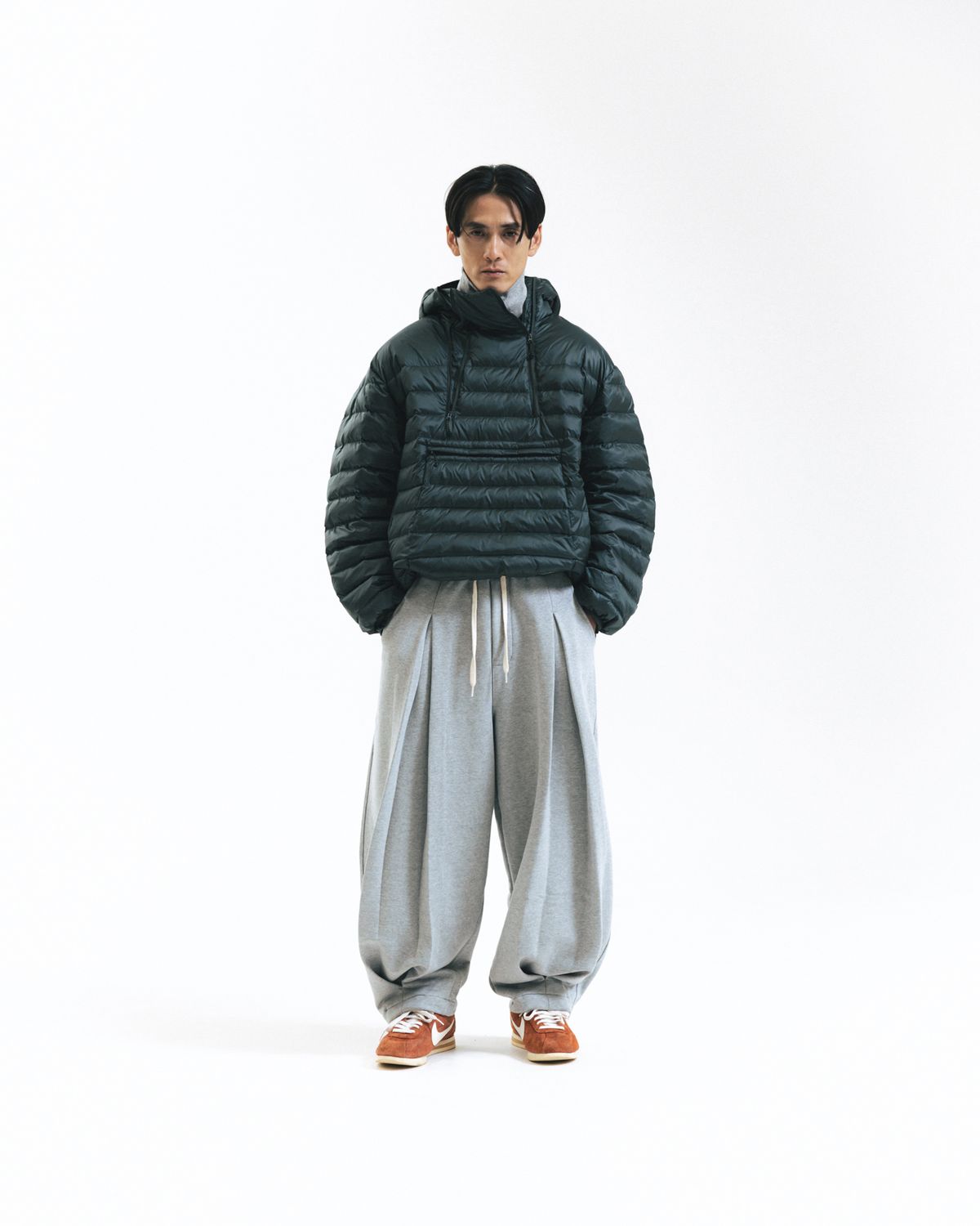 앵글런(ANGLAN) Duck Down Hooded Anorak Puffer - Dark Green