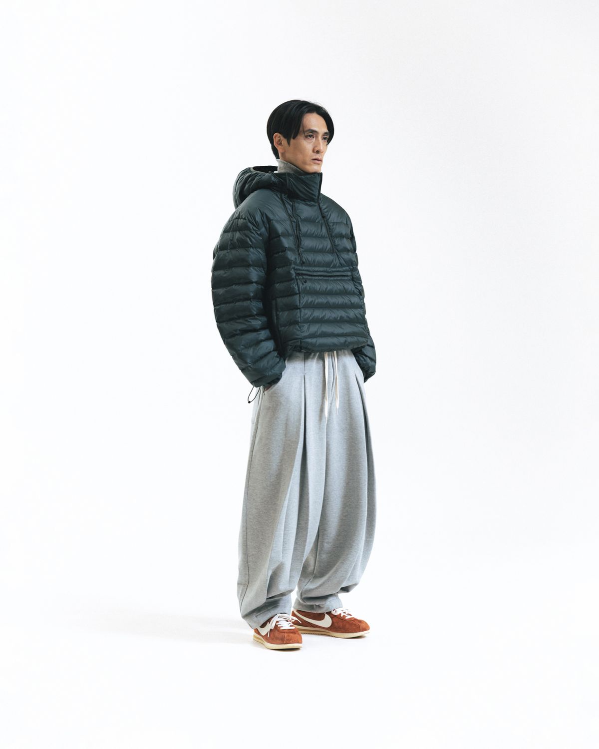 앵글런(ANGLAN) Duck Down Hooded Anorak Puffer - Dark Green