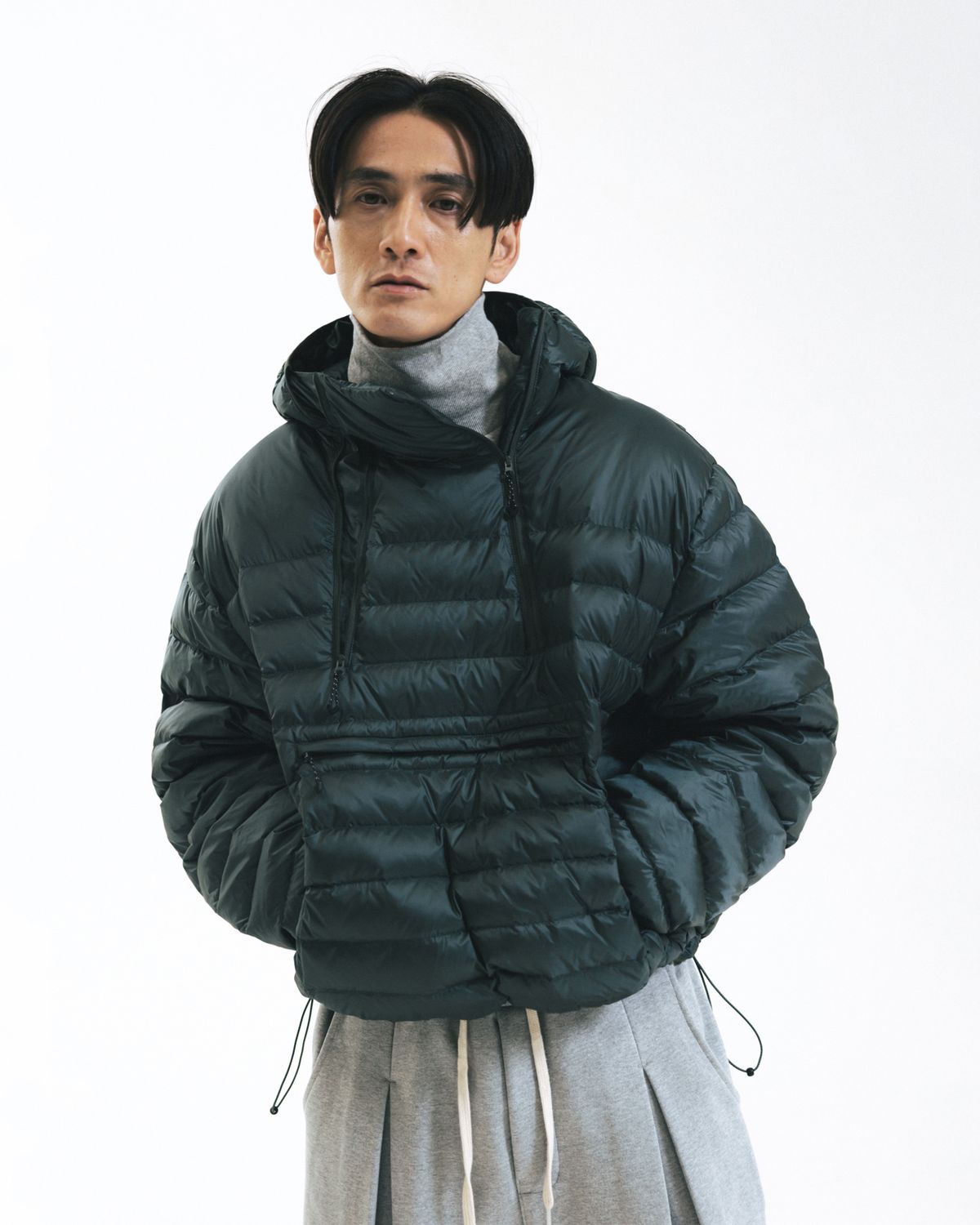 앵글런(ANGLAN) Duck Down Hooded Anorak Puffer - Dark Green