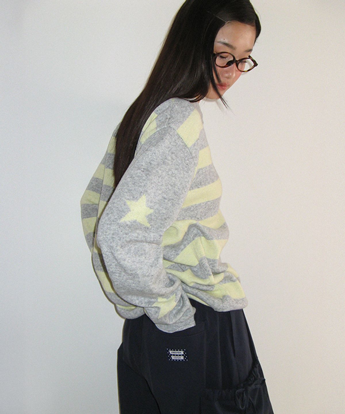론론(RONRON) STAR STRIPE COLLAR HENRYNECK KNIT YELLOW