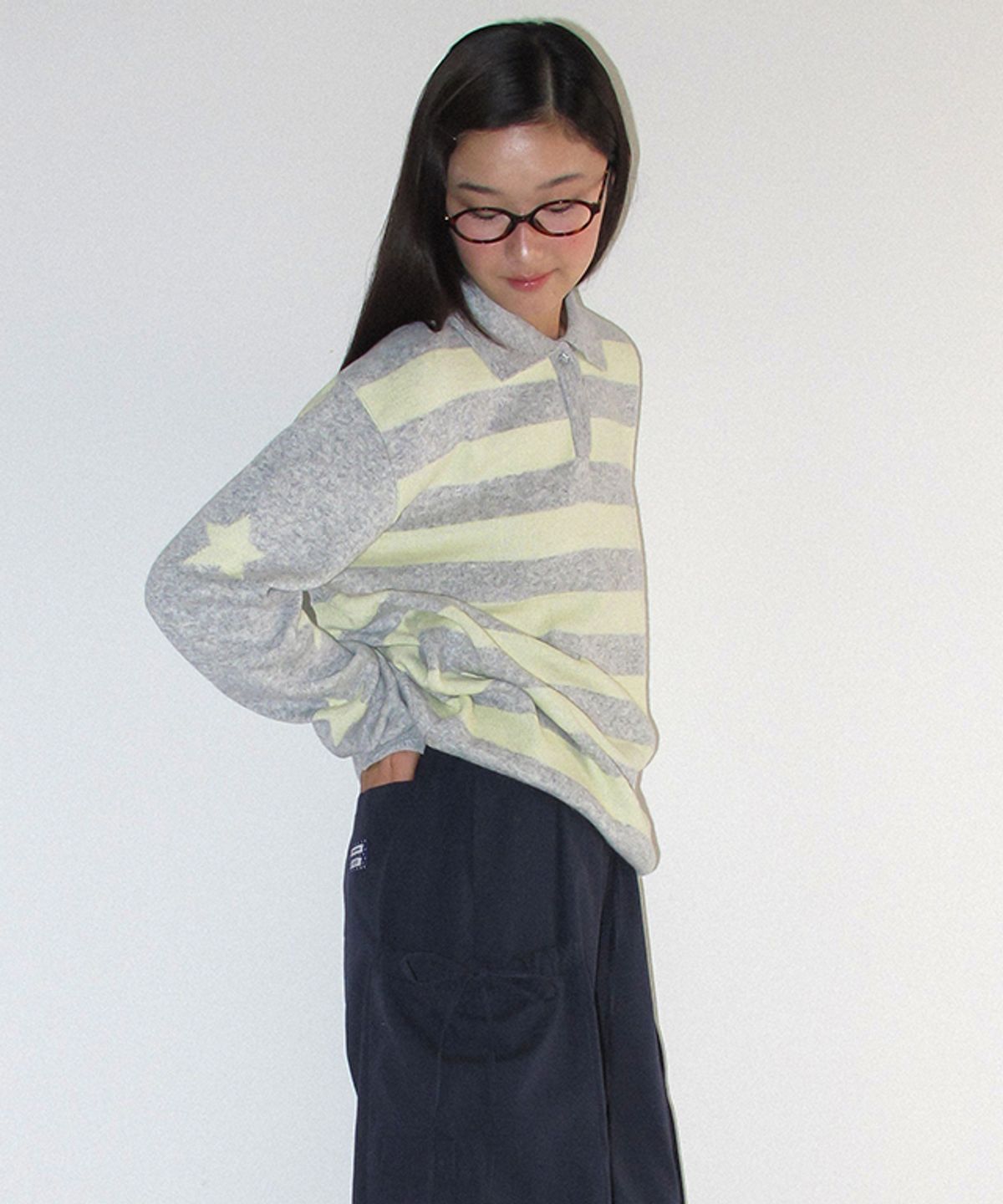 론론(RONRON) STAR STRIPE COLLAR HENRYNECK KNIT YELLOW