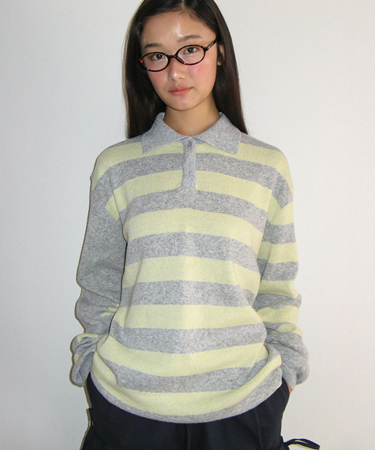 론론(RONRON) STAR STRIPE COLLAR HENRYNECK KNIT YELLOW