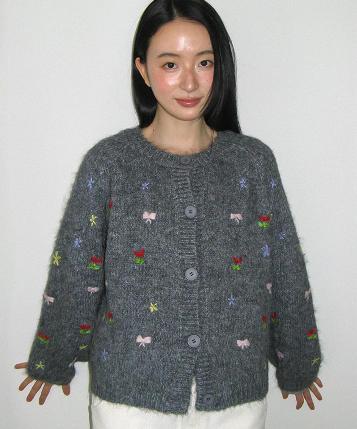론론(RONRON) PETIT EMBROIDERY KNIT CARDIGAN GREY