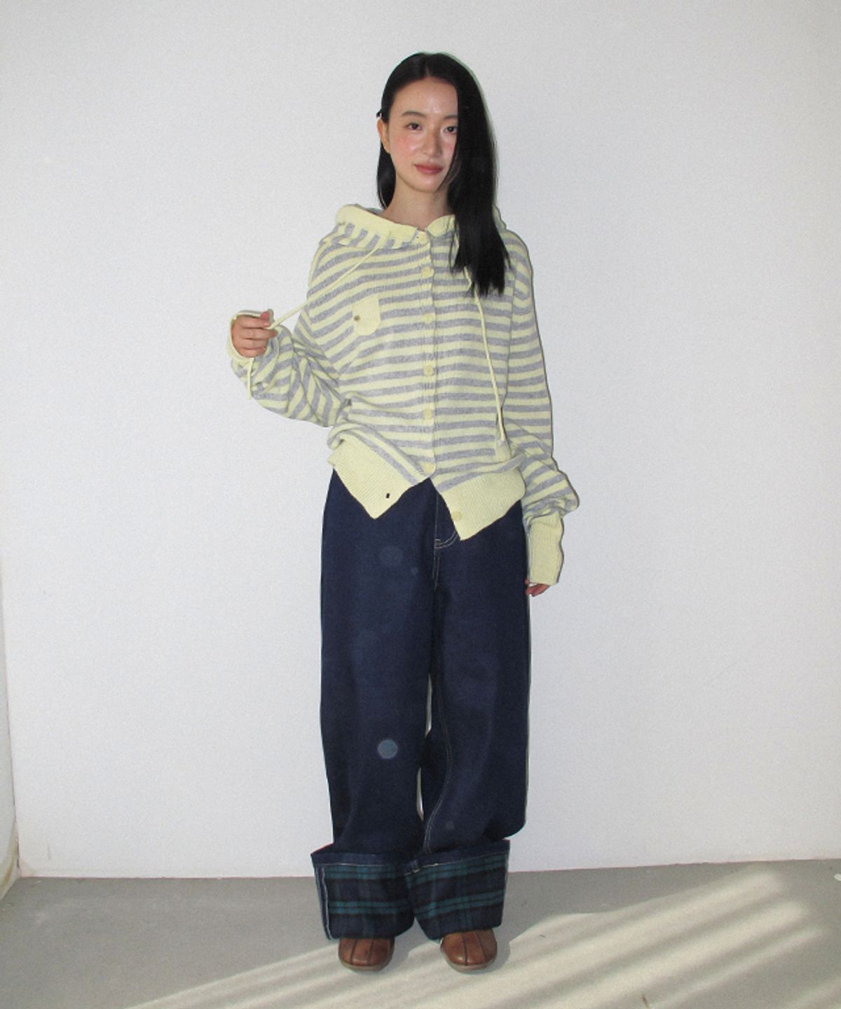 론론(RONRON) MINI POCKET HOODED KNIT CARDIGAN YELLOW STRIPE