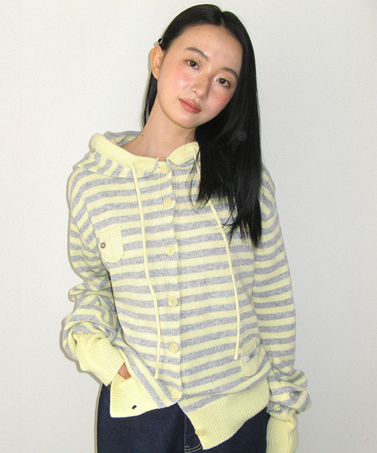 론론(RONRON) MINI POCKET HOODED KNIT CARDIGAN YELLOW STRIPE