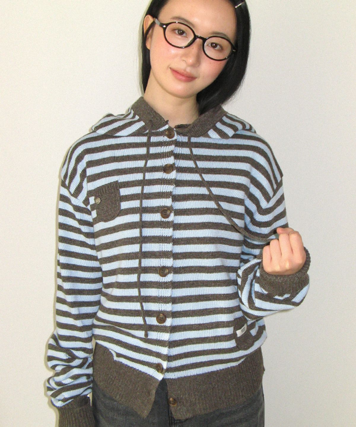 론론(RONRON) MINI POCKET HOODED KNIT CARDIGAN BLUE STRIPE
