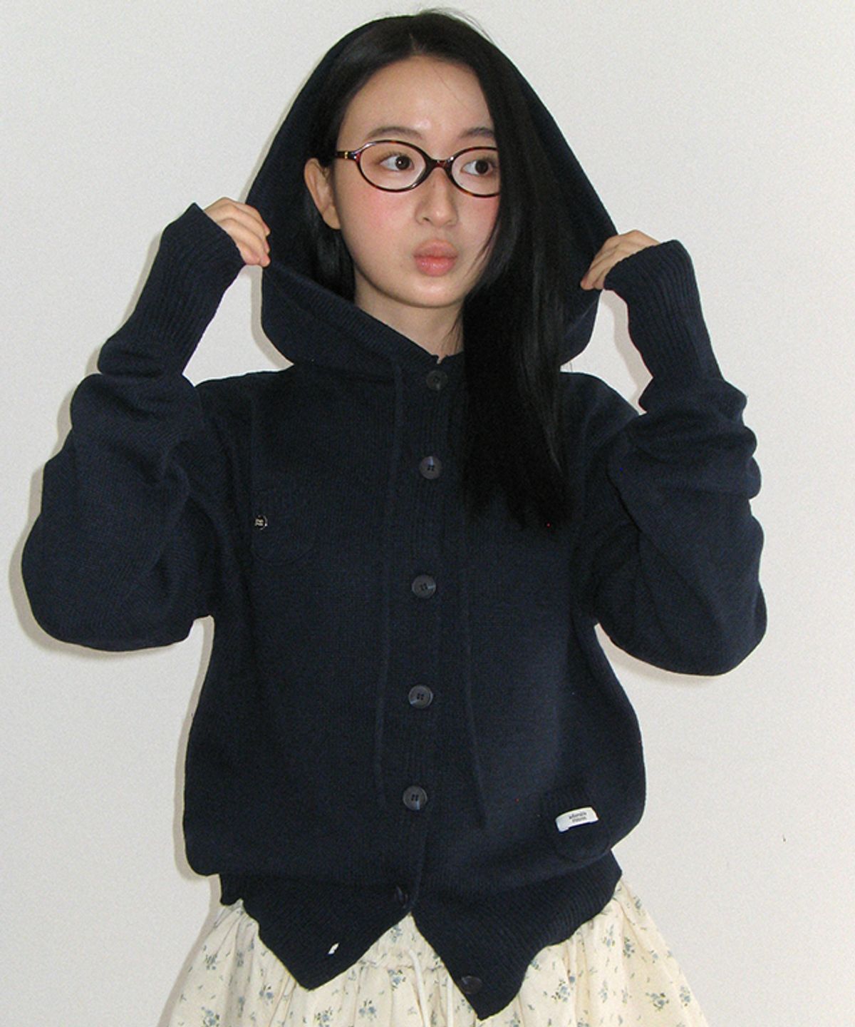 론론(RONRON) MINI POCKET HOODED KNIT CARDIGAN NAVY