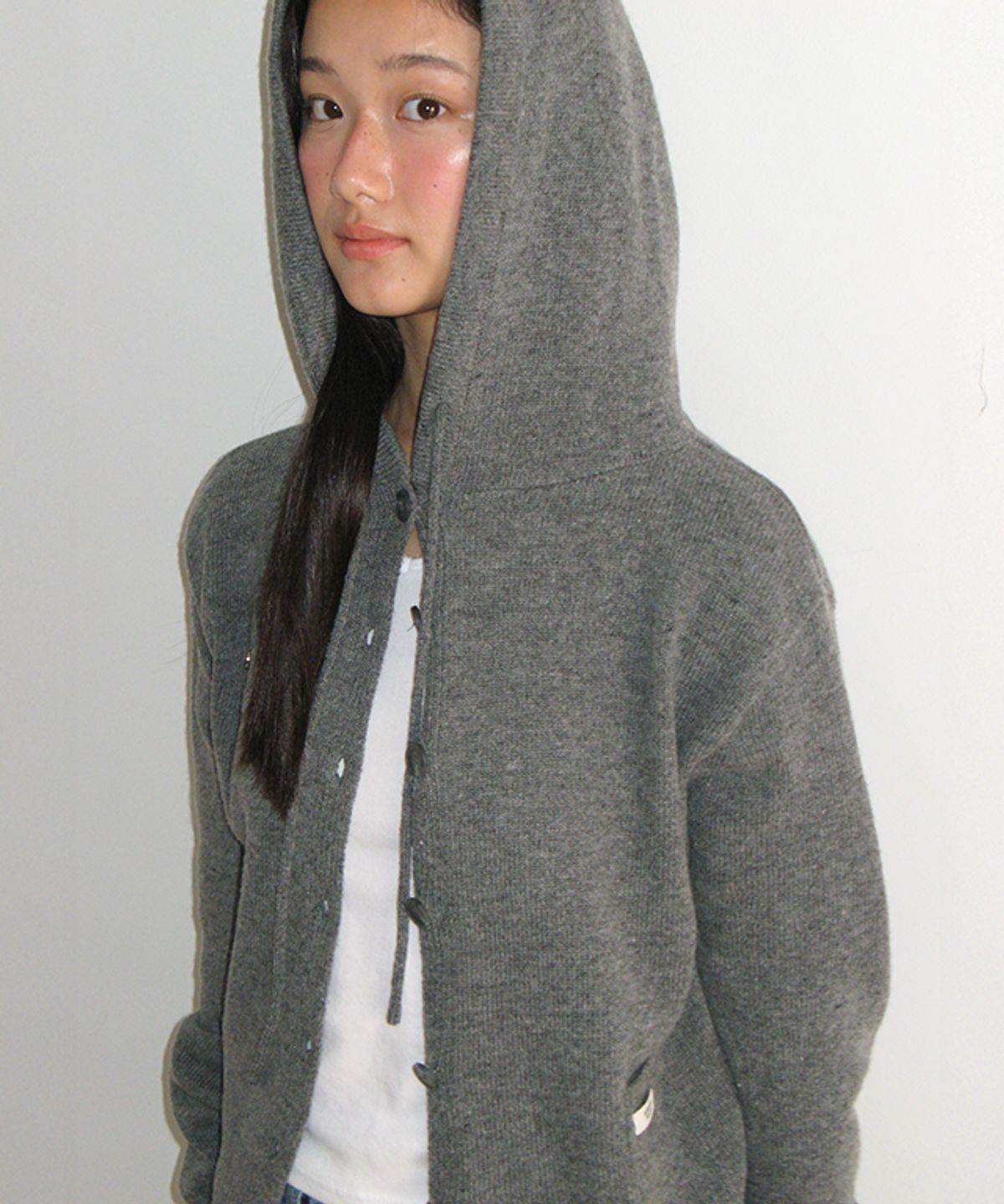 론론(RONRON) MINI POCKET HOODED KNIT CARDIGAN GREY
