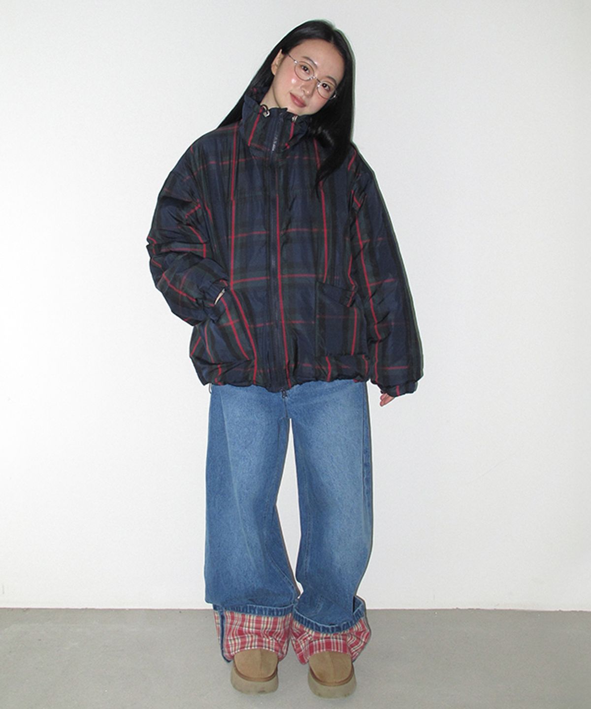 론론(RONRON) PATCH ROLL UP DENIM PANTS RED CHECK
