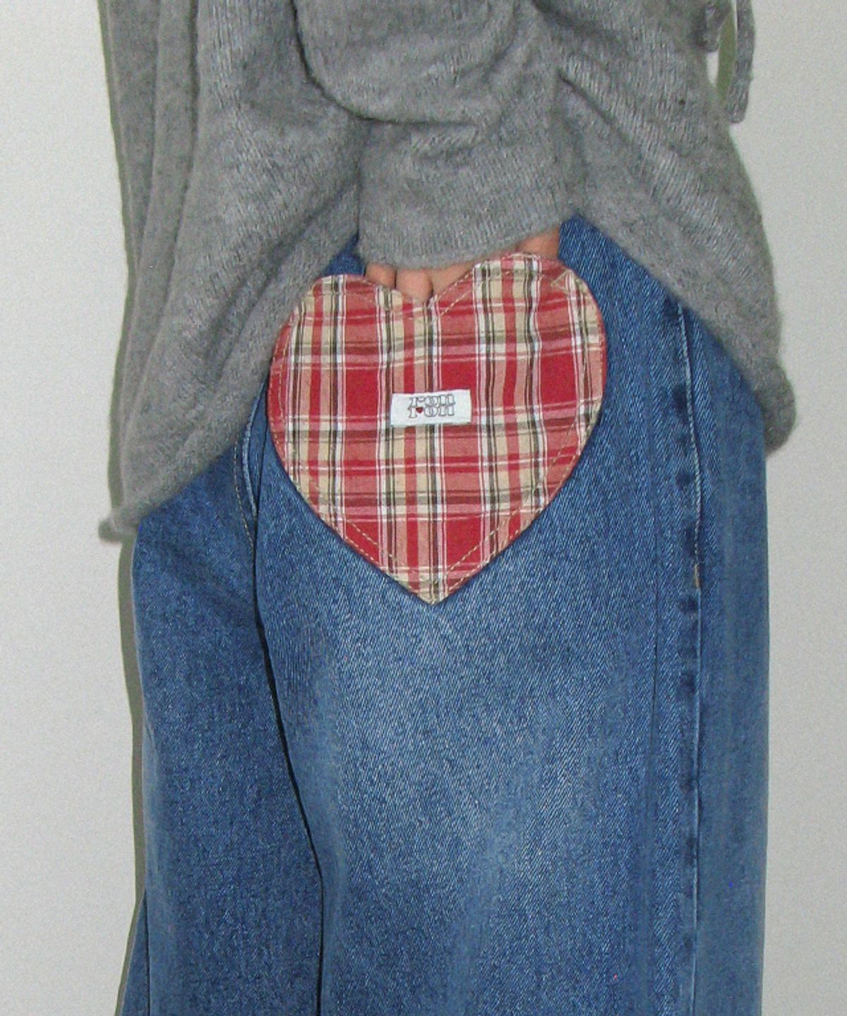 론론(RONRON) PATCH ROLL UP DENIM PANTS RED CHECK
