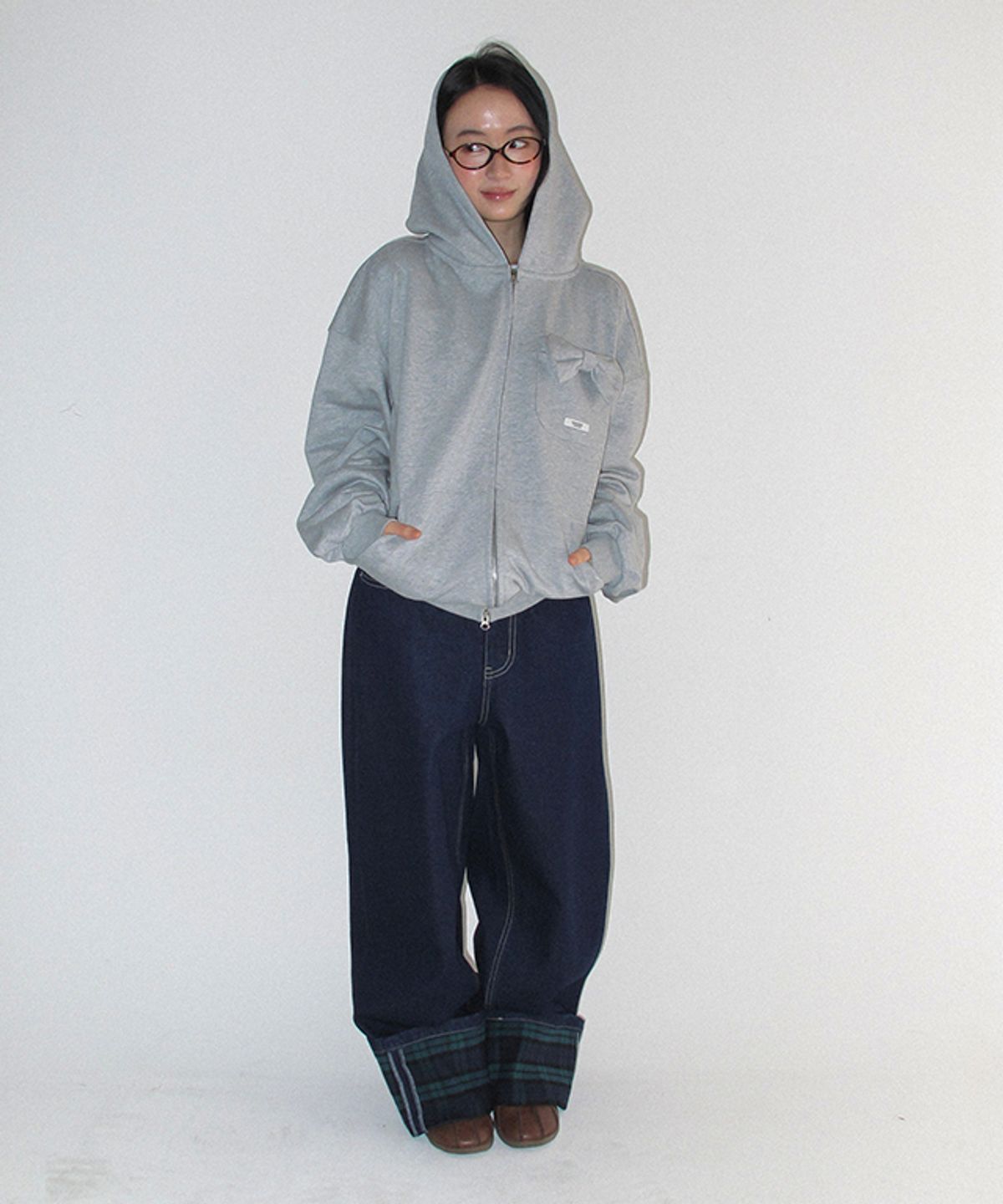 론론(RONRON) PATCH ROLL UP DENIM PANTS GREEN CHECK