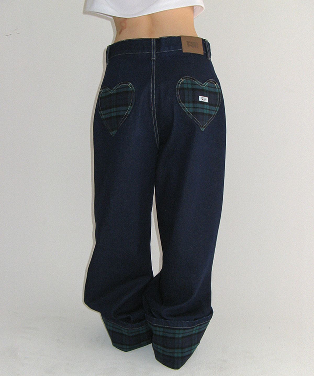 론론(RONRON) PATCH ROLL UP DENIM PANTS GREEN CHECK