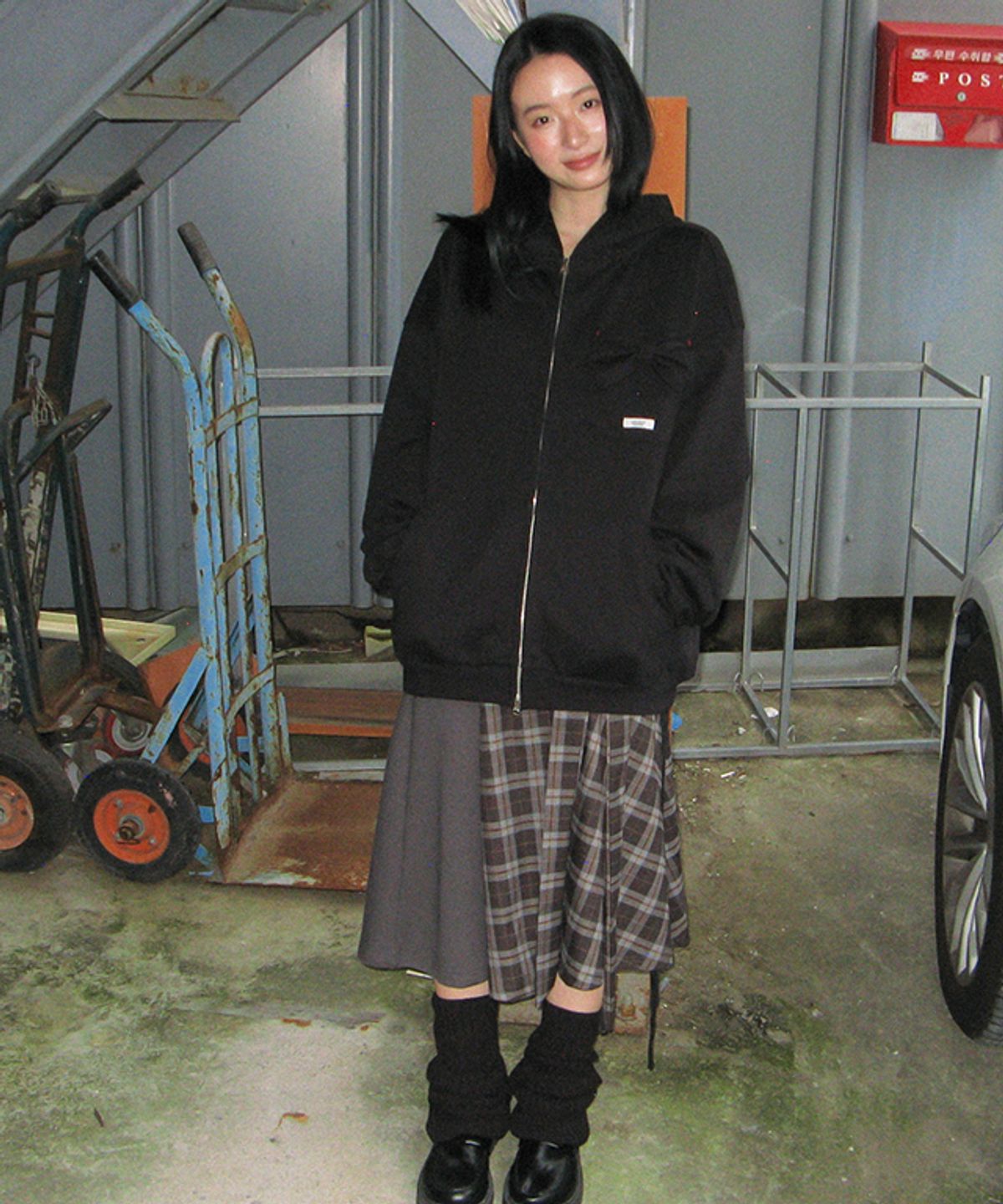 론론(RONRON) CHECK KNOT LAYERED WRAP SKIRT GREY