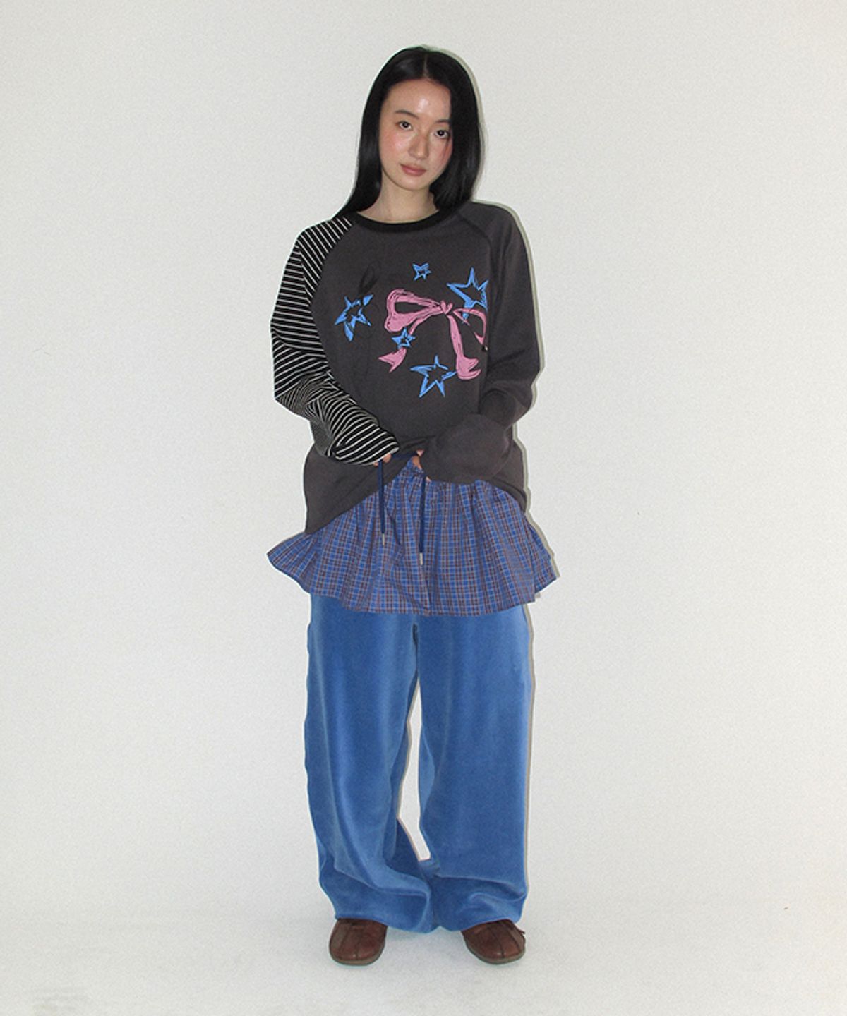론론(RONRON) LAYERED SKIRT TRAINING PANTS BLUE CHECK