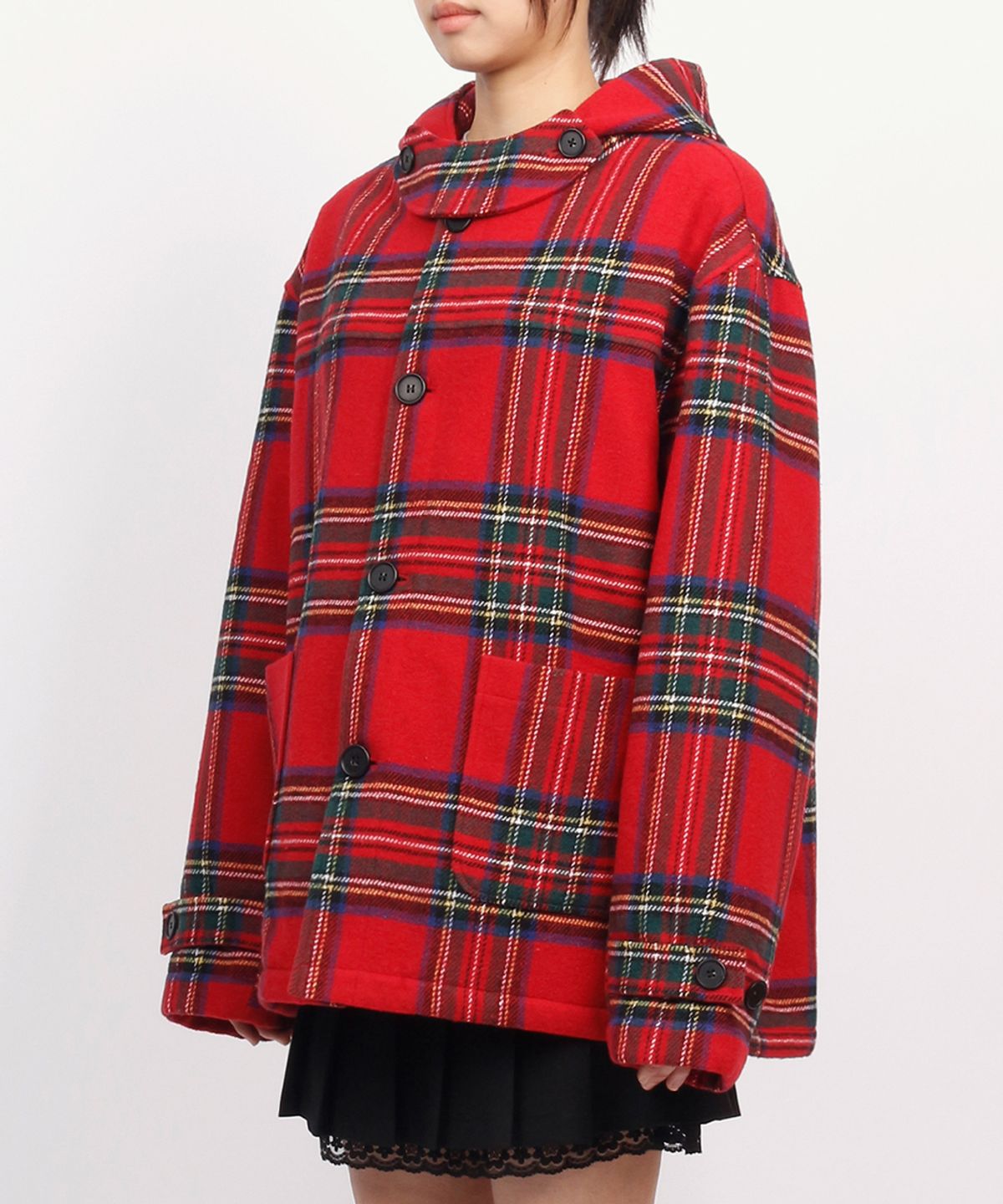 써넥트(SUNNECT) Tartan Hooded Coat - Red