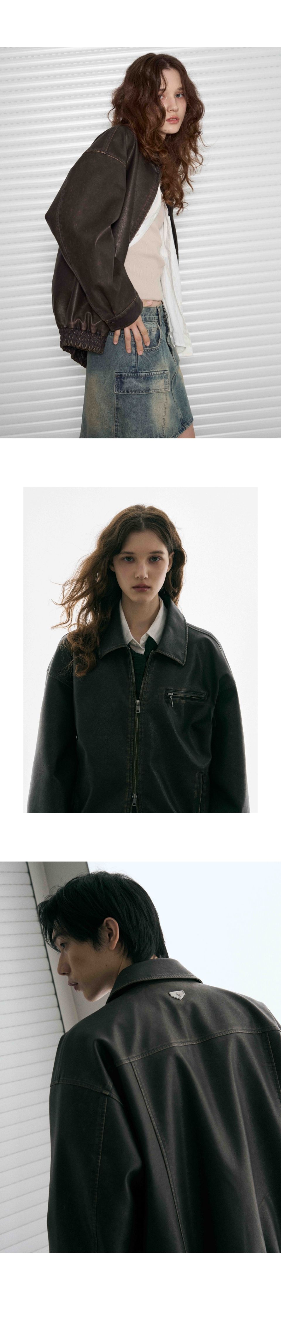 MUSINSA | LEATHERY Washed Leather Oversized Blouson Jacket [WASHED
