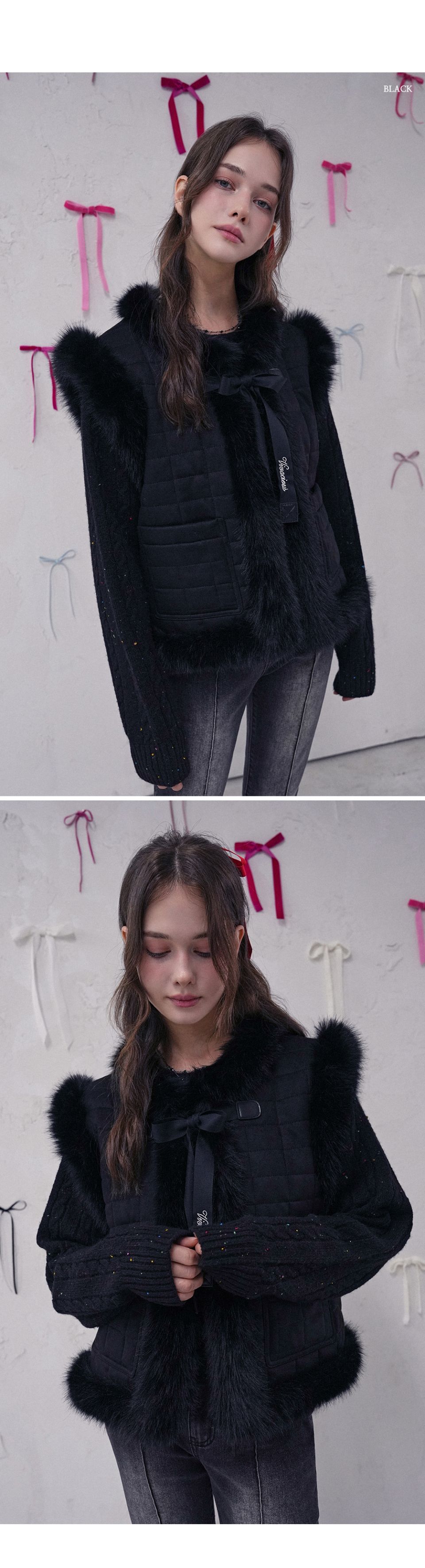 MUSINSA | VIVACIOUS Fur Trim Quilted Vest BLACK