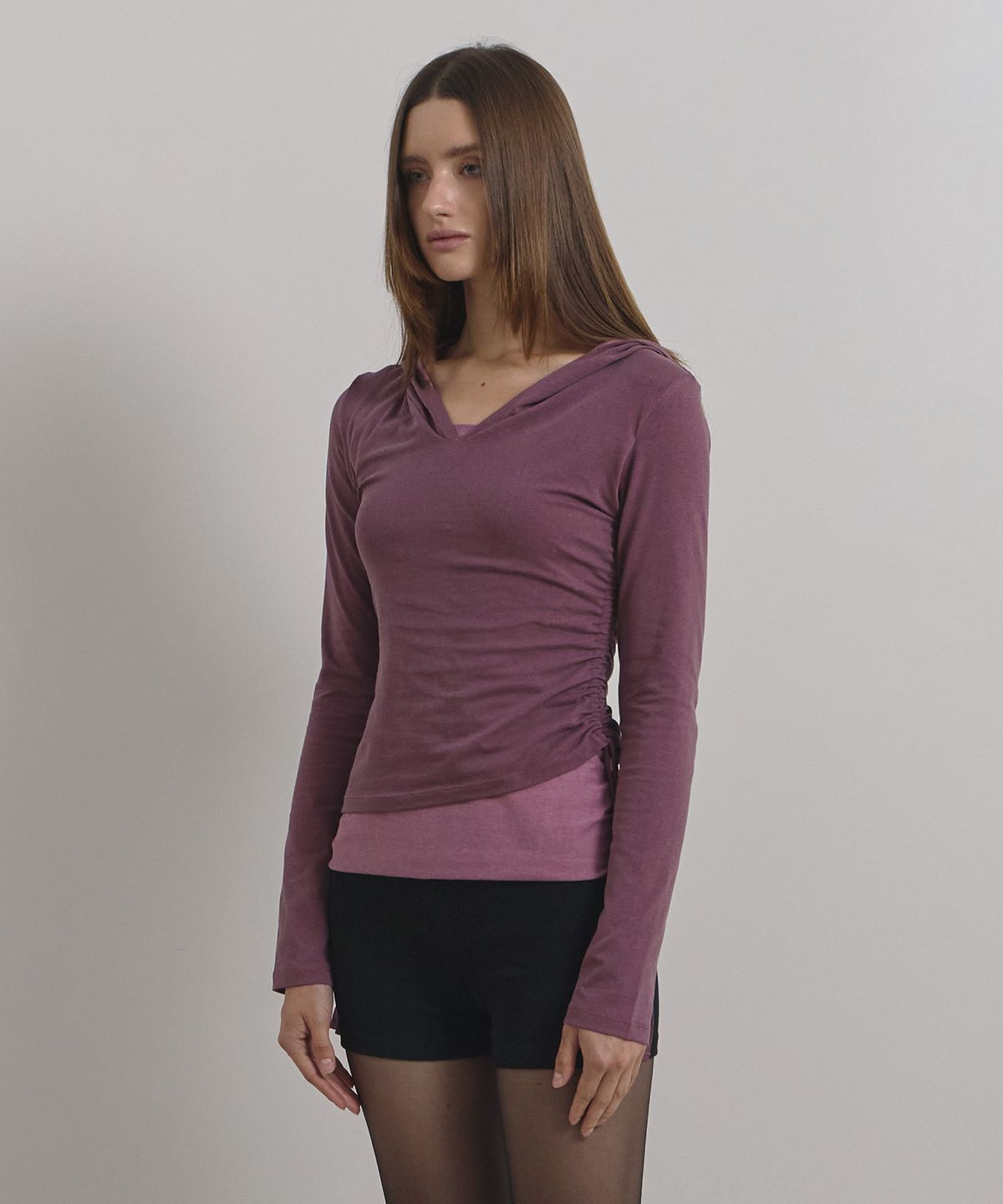 소어티(SOEOTI) Pigment Hooded Layered Tee (plum)
