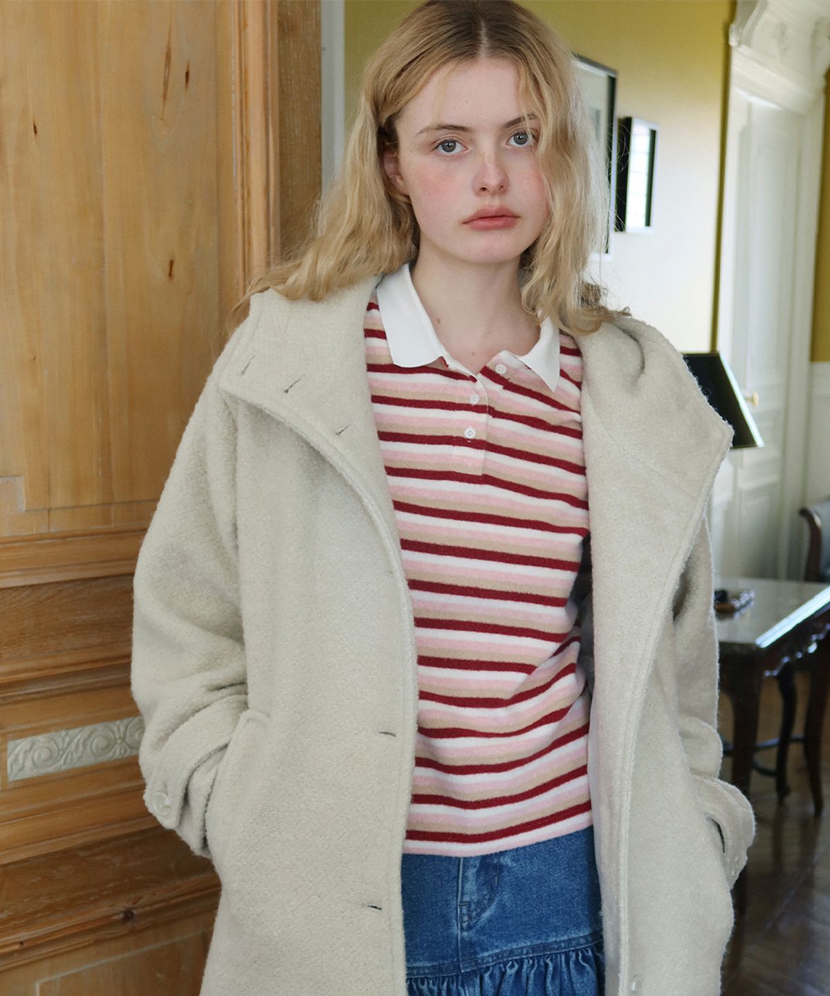 시눈(SINOON) Loose-Fit Hoodie Wool Half Coat (Light Green)