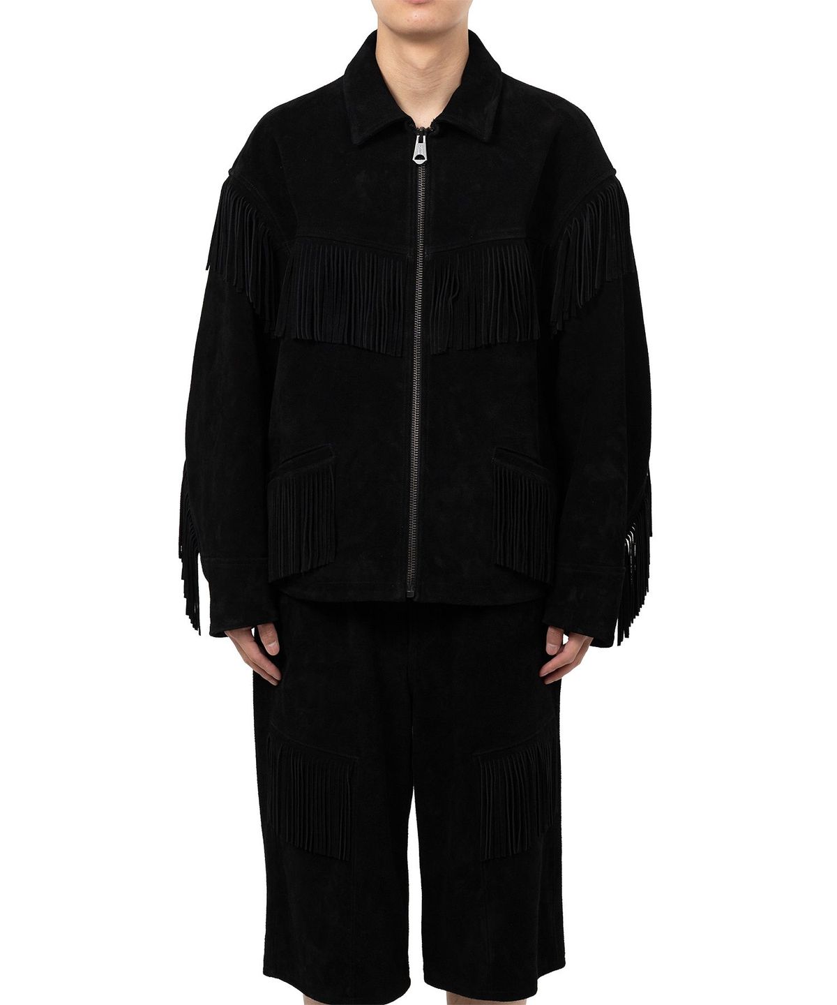 카미야(KAMIYA) Suede Fringe Blouson - BLACK