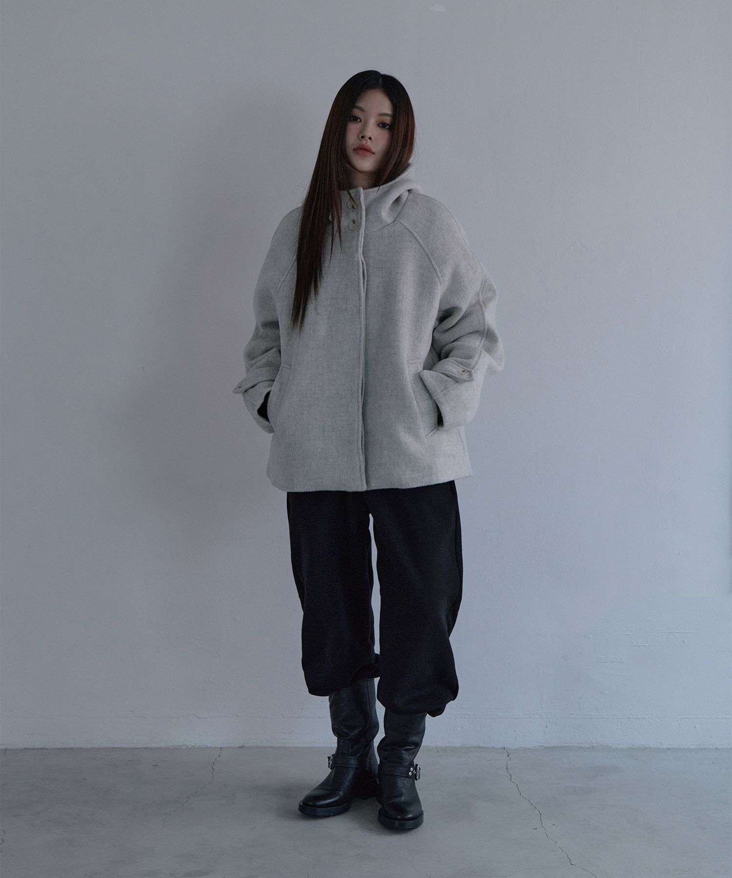 MUSINSA公式 | 5OML ウールフードハーフコートオートミール
