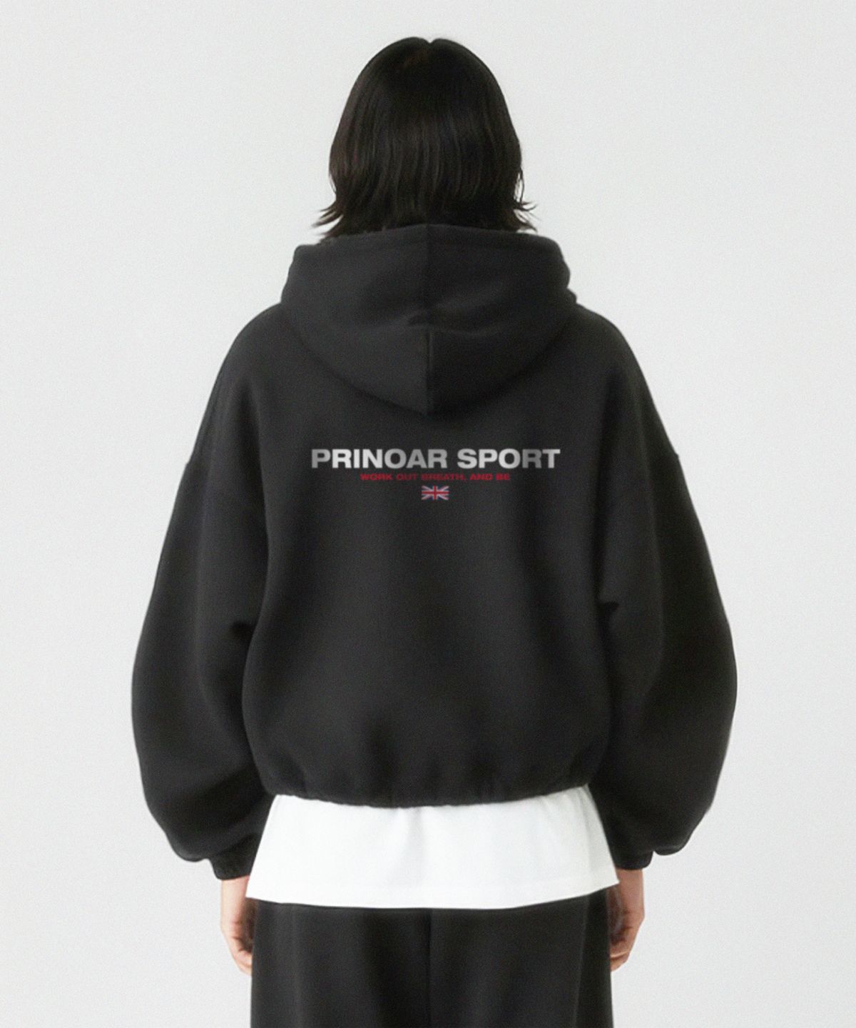 프리노어(PRINOAR) 스포츠 스트링 오버핏 투웨이 후드집업 - 블랙