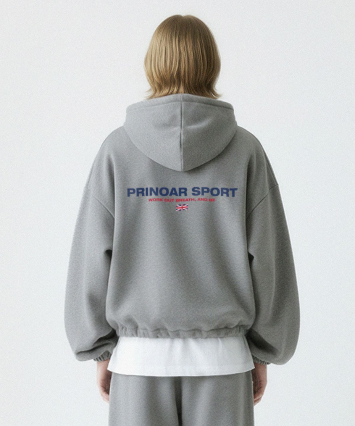 프리노어(PRINOAR) [기모선택] 스포츠 스트링 오버핏 투웨이 후드집업 - 멜란지
