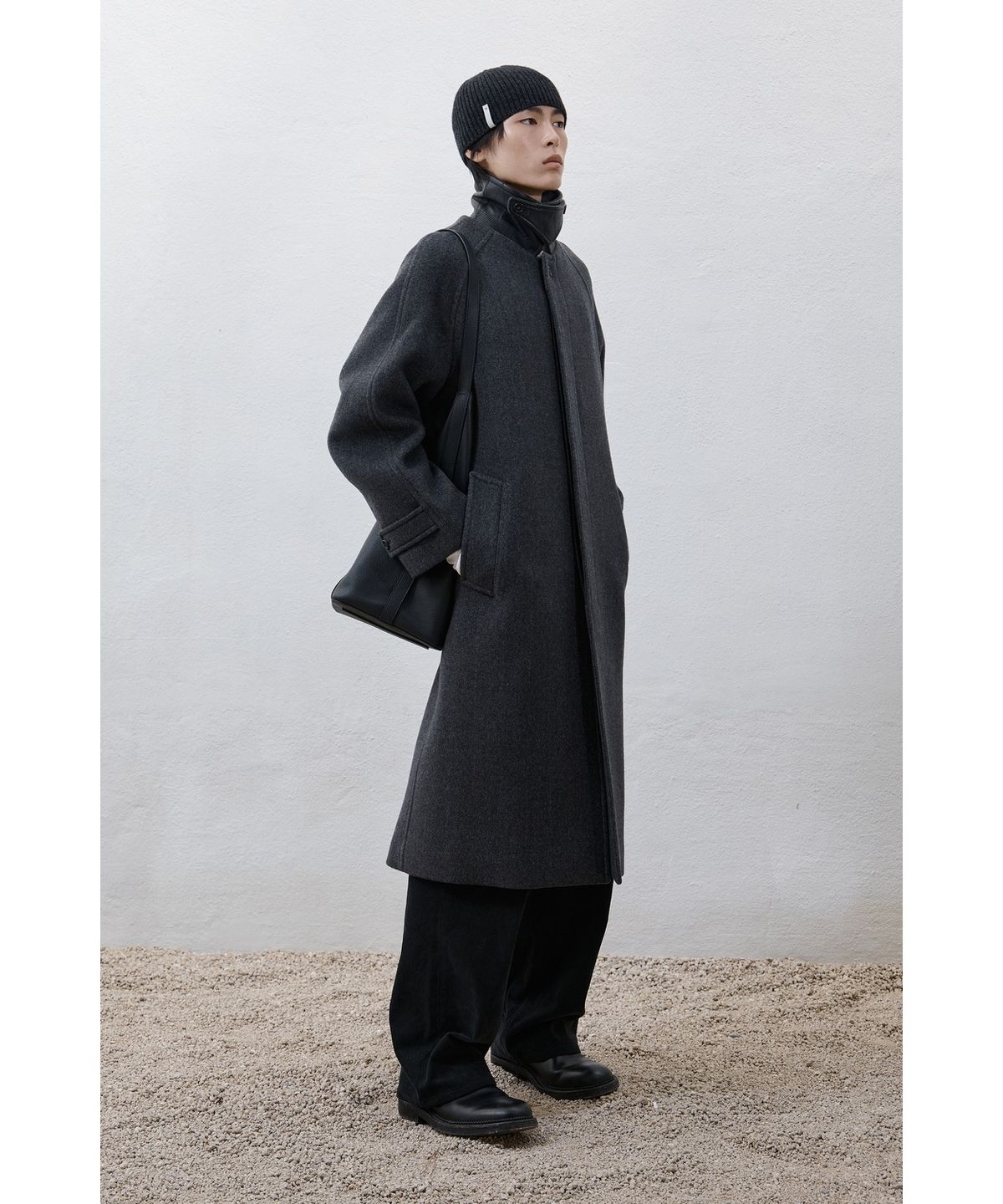 유스(YOUTH) Leather Trim Mac Coat - Charcoal Grey