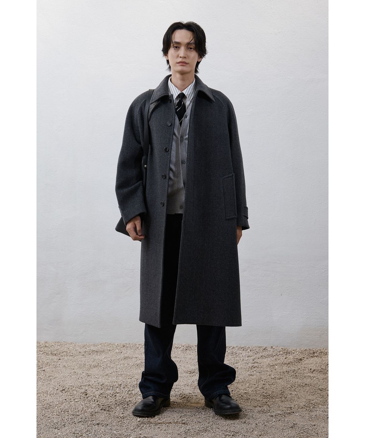 유스(YOUTH) Leather Trim Mac Coat - Charcoal Grey