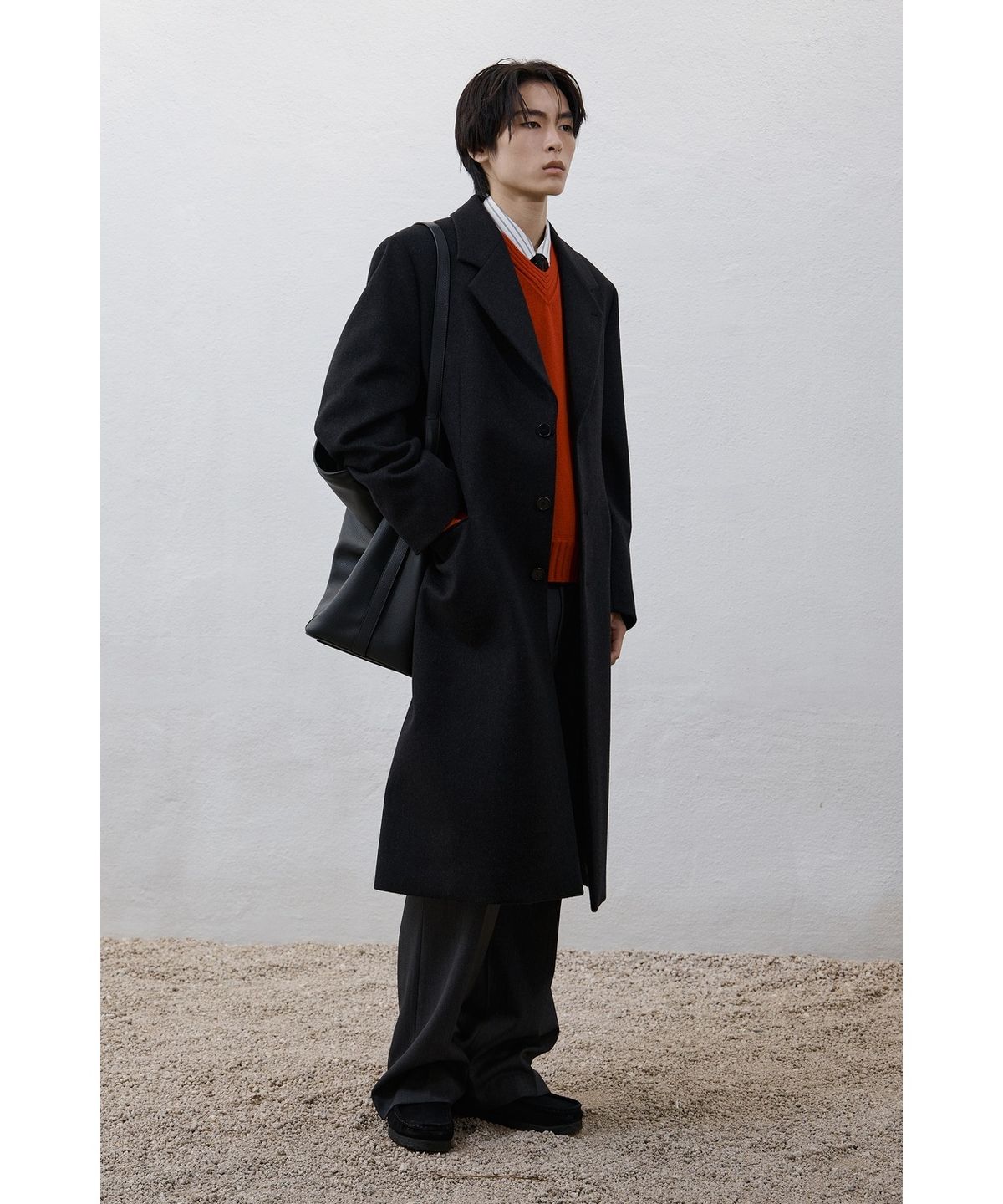 유스(YOUTH) Leather Trim Chesterfield Coat - Charcoal Grey