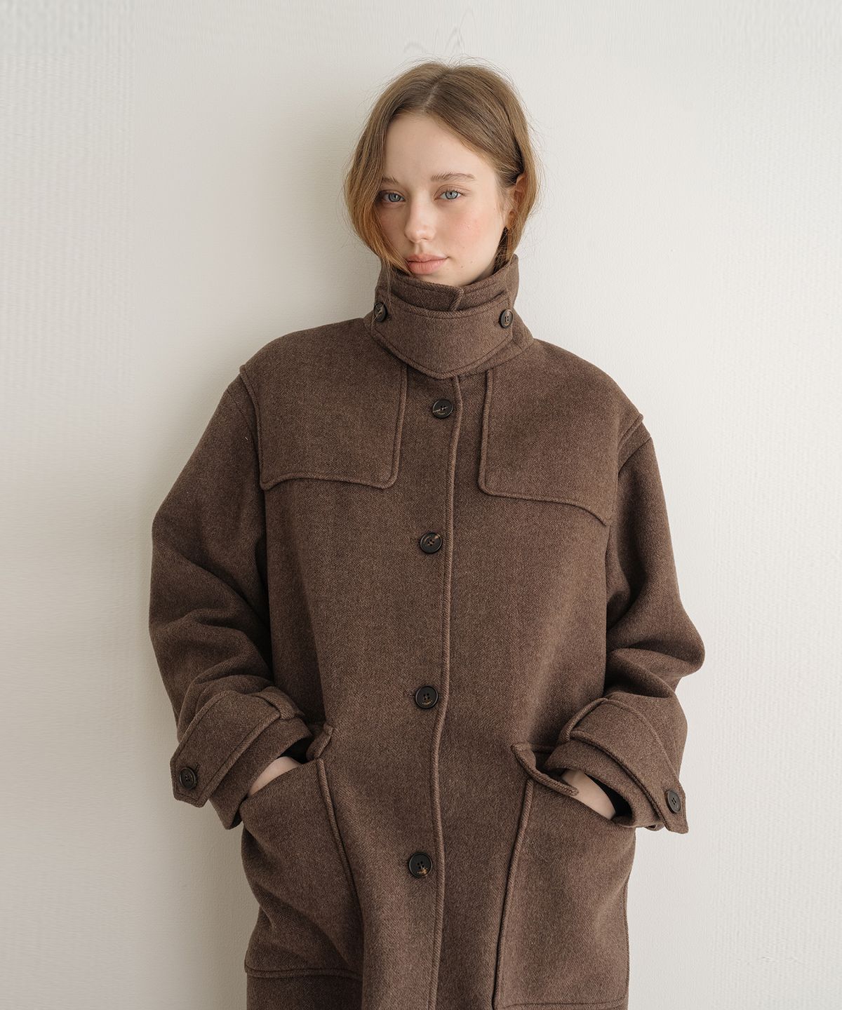 클루니(CLUNY) Soft Cashmere Herringbone Coat - Brown