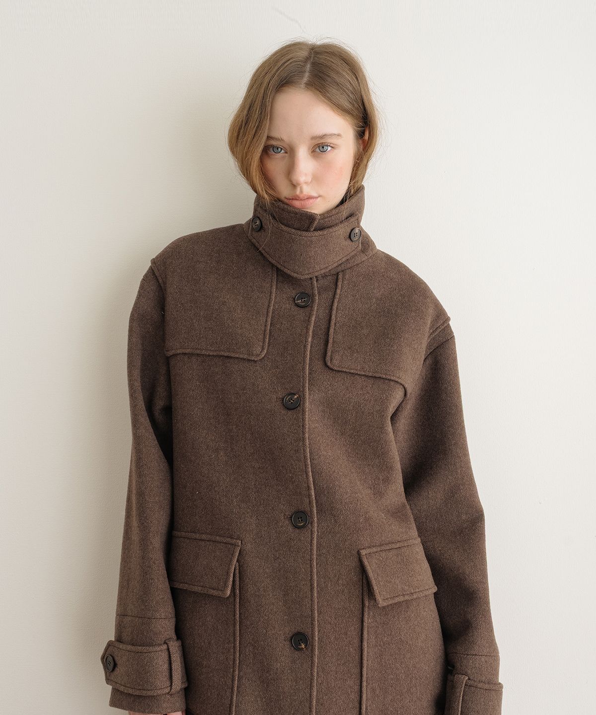 클루니(CLUNY) Soft Cashmere Herringbone Coat - Brown