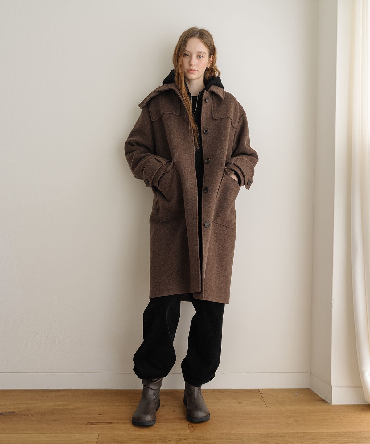 클루니(CLUNY) Soft Cashmere Herringbone Coat - Brown