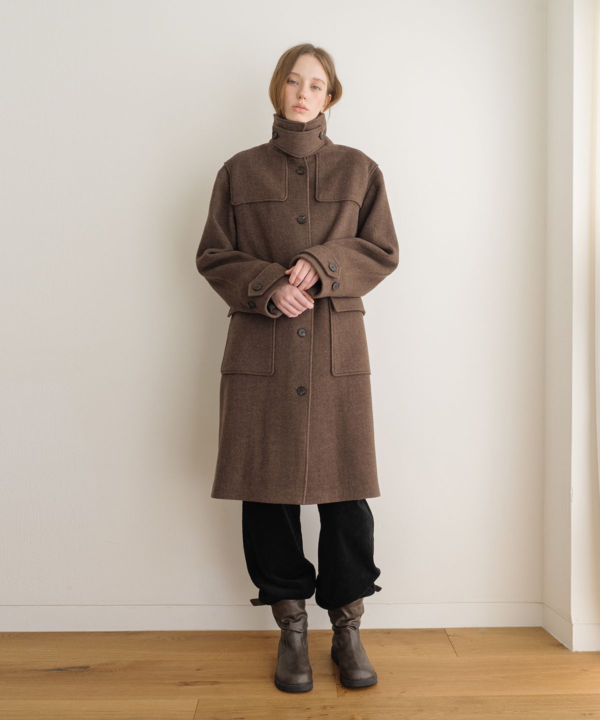 클루니(CLUNY) Soft Cashmere Herringbone Coat - Brown