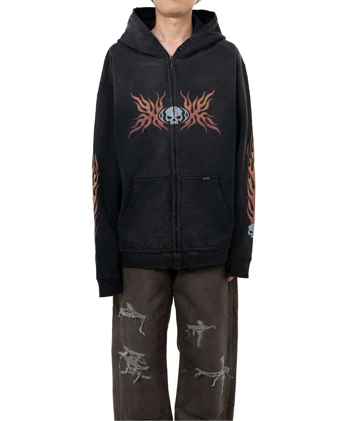 카미야(KAMIYA) “Skull Flame”Distressed Zip Hoodie - BLACK