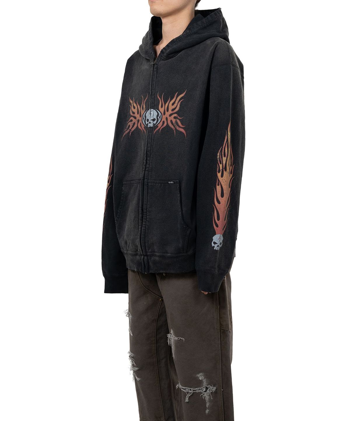카미야(KAMIYA) “Skull Flame”Distressed Zip Hoodie - BLACK