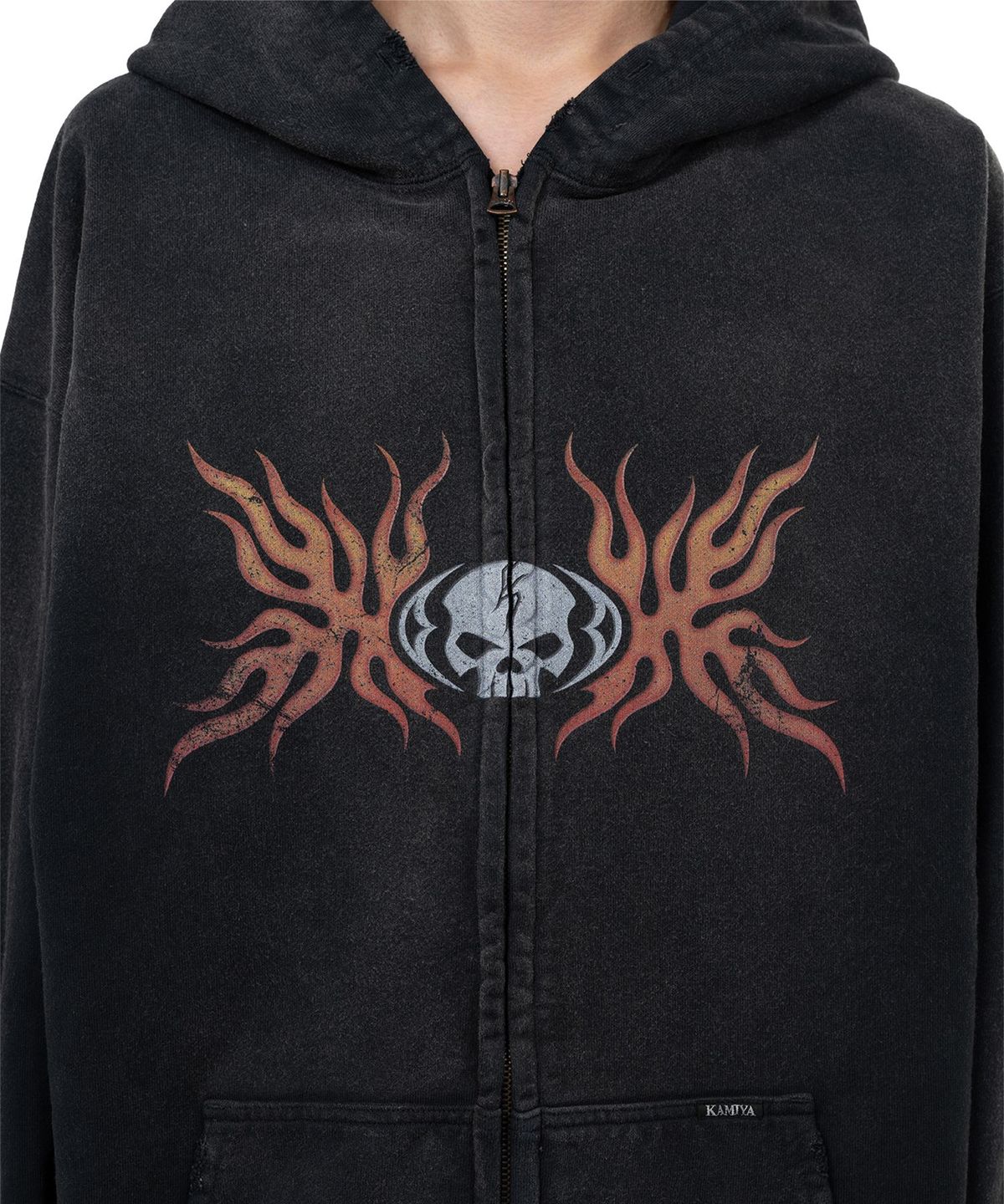 카미야(KAMIYA) “Skull Flame”Distressed Zip Hoodie - BLACK
