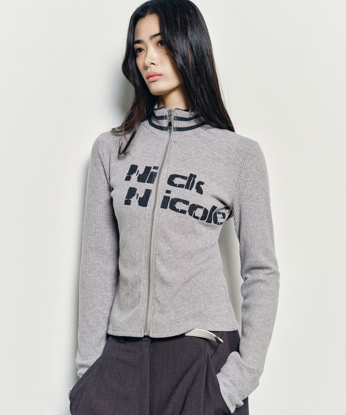 닉앤니콜(NICK&NICOLE) NICOLE SLIM RIBBED KNIT ZIP UP_GRAY